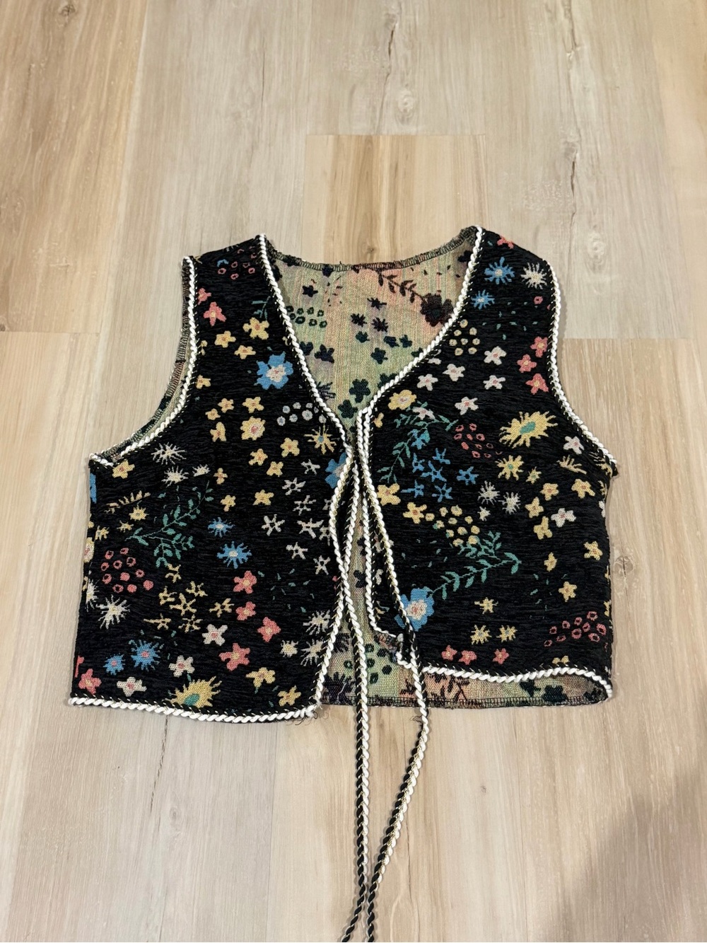 Black Floral Crochet Tie-Front Vest